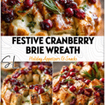Golden sourdough pull-apart wreath filled with melted brie and cranberries on a Christmas Snack Board.